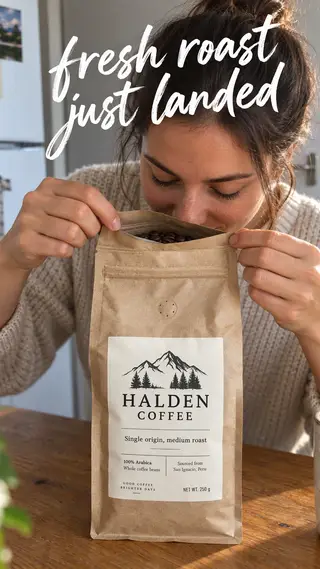 Instagram Story with "fresh roast just landed" written across it: hands opening the Halden coffee bag to smell the fresh beans