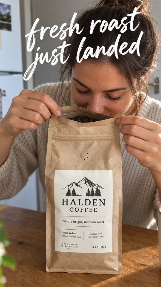 Instagram Story with "fresh roast just landed" written across it: hands opening the Halden coffee bag to smell the fresh beans