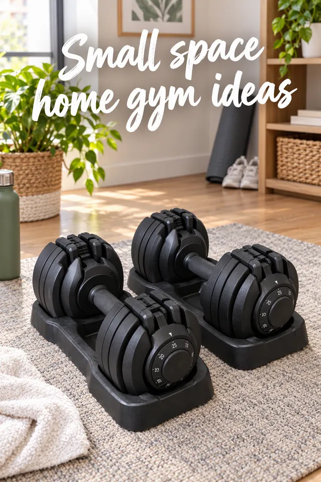 Pinterest pin titled "Small space home gym ideas": the black dumbbells in a small apartment workout space