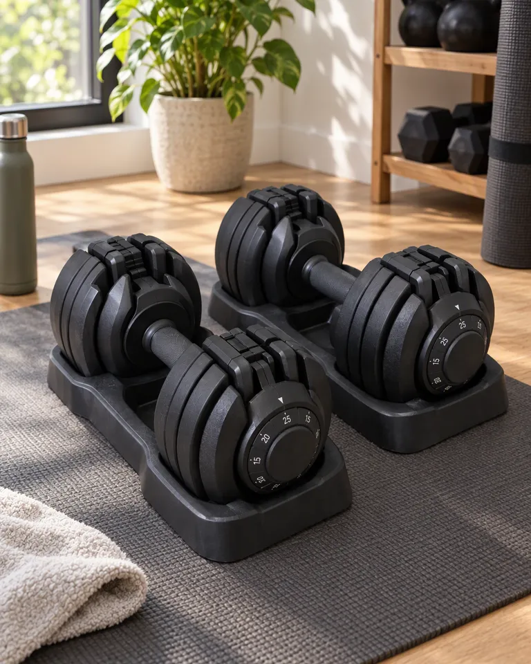 Instagram post: the black adjustable dumbbells in a bright home gym corner