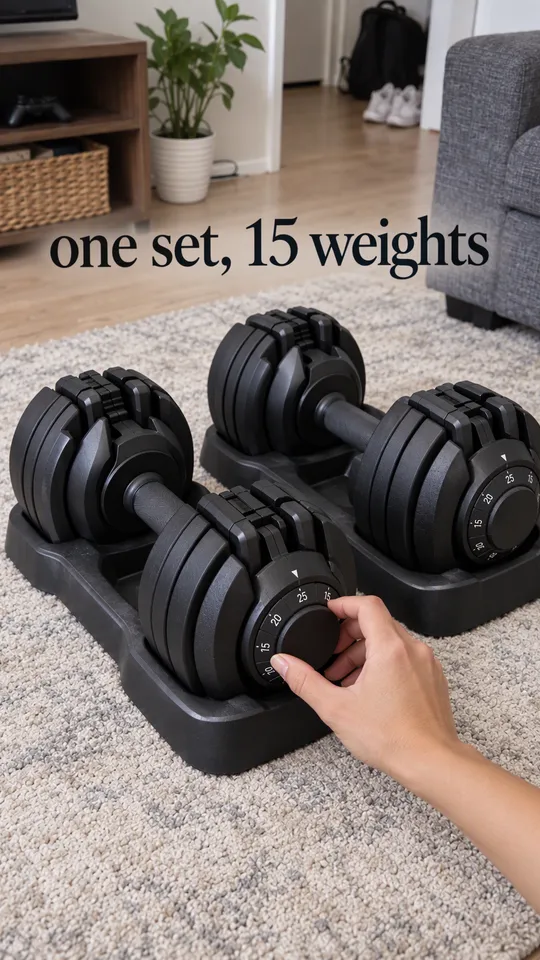 Instagram Story with "one set, 15 weights" written across it: a hand turning the dial on the black dumbbell