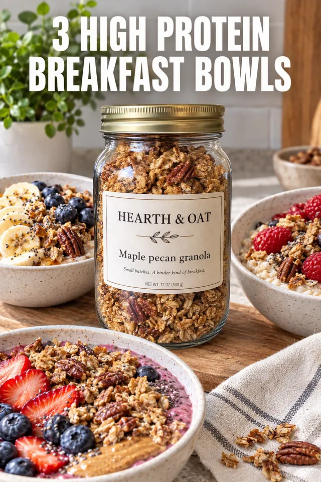 Pinterest pin titled "3 high protein breakfast bowls": the Hearth & Oat granola jar with three breakfast bowls styled around it