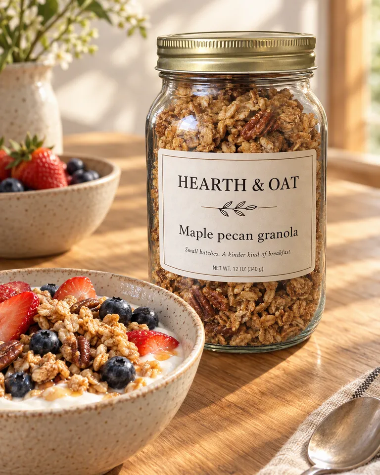 Instagram post: the Hearth & Oat granola jar beside a bowl of yogurt, granola and berries on a sunny table