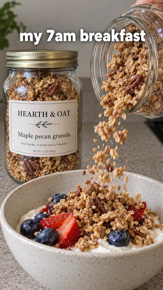 TikTok with the hook "my 7am breakfast": granola falling from the Hearth & Oat jar onto a bowl of yogurt