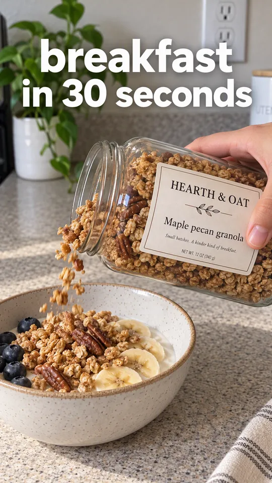 Instagram Story with "breakfast in 30 seconds" written across it: a hand pouring granola from the Hearth & Oat jar into a bowl