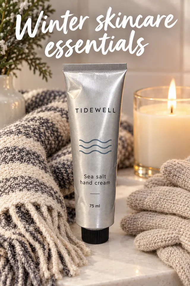 Pinterest pin titled "Winter skincare essentials": the Tidewell hand cream tube styled with a scarf, gloves and a candle