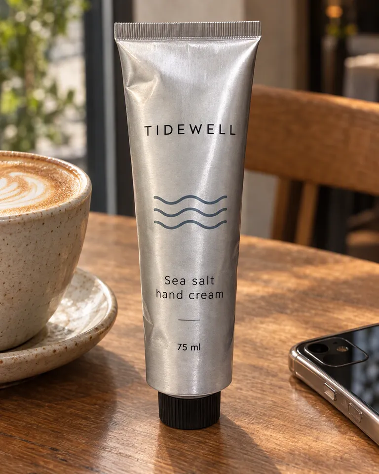 Instagram post: the Tidewell hand cream tube on a café table beside a latte and a phone