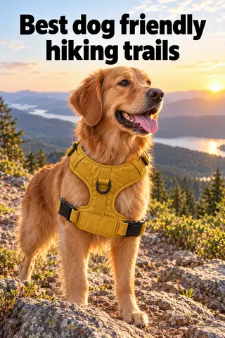 Pinterest pin titled "Best dog friendly hiking trails": a dog in the mustard harness on a mountain trail at sunrise
