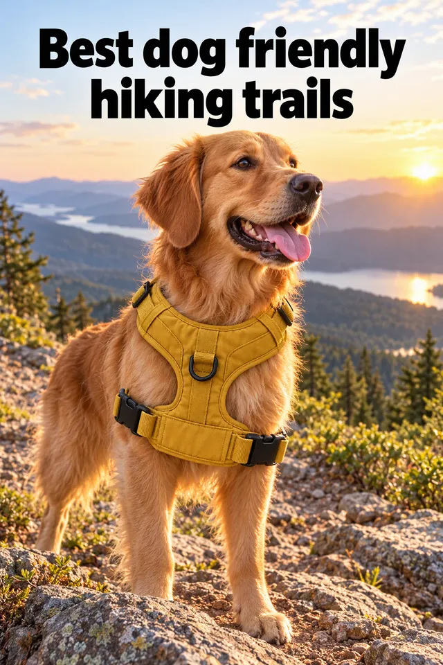 Pinterest pin titled "Best dog friendly hiking trails": a dog in the mustard harness on a mountain trail at sunrise