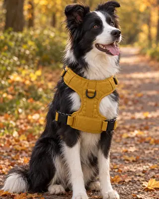 Instagram post: a border collie in the mustard harness sitting on an autumn park path