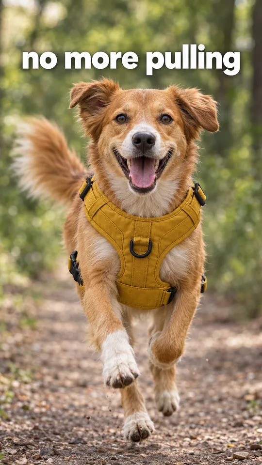 TikTok with the hook "no more pulling": a happy dog in the mustard harness running toward the camera
