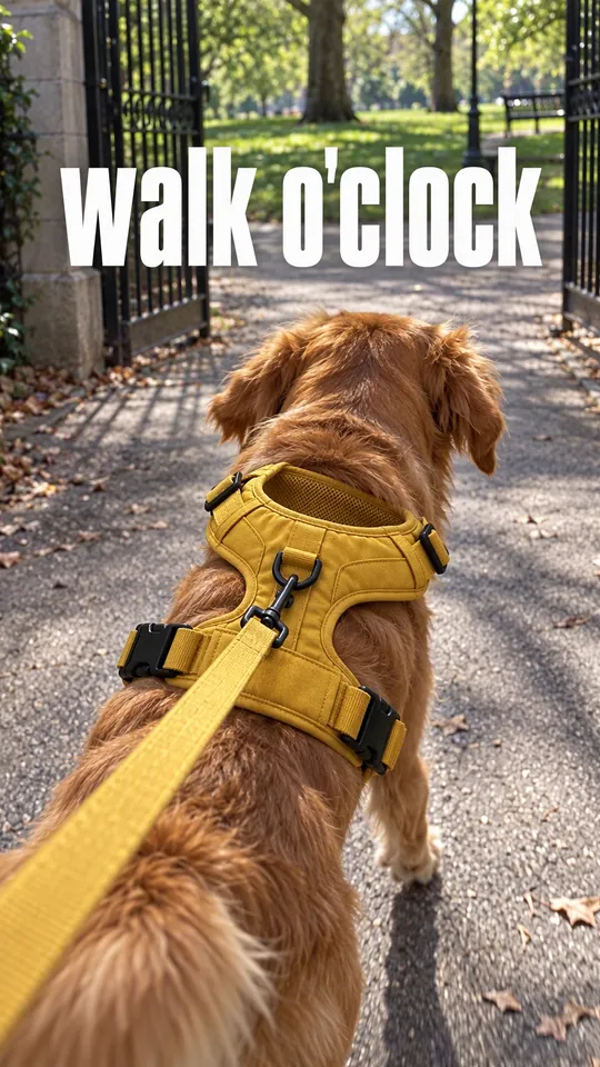 Instagram Story with "walk o'clock" written across it: a dog in the mustard harness pulling toward a park gate