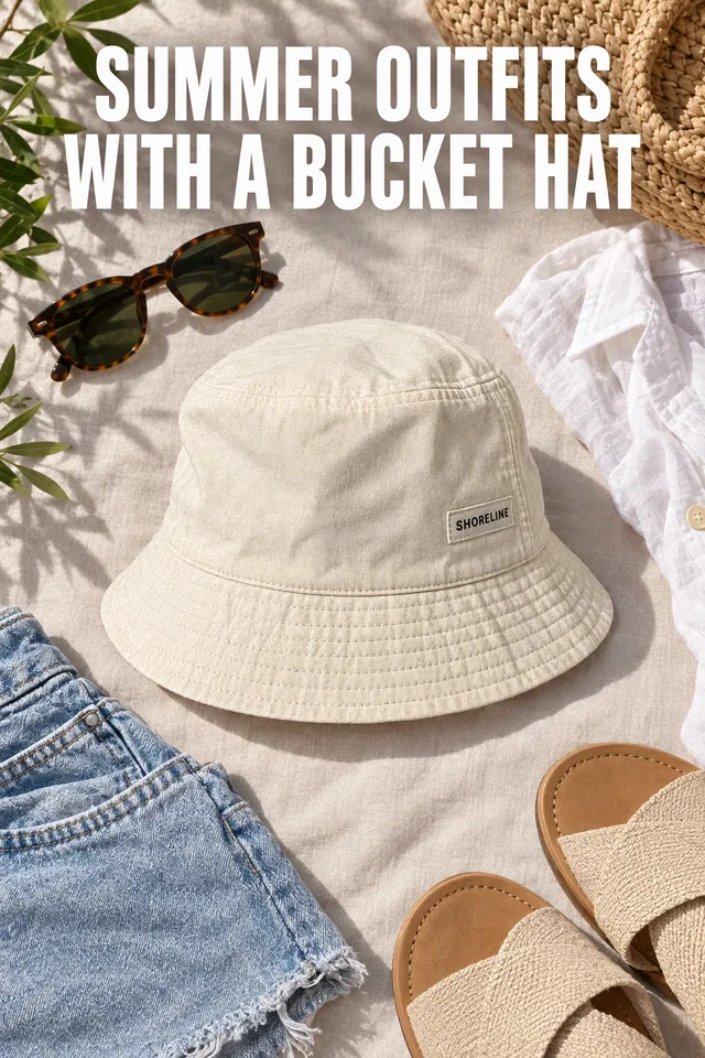 Pinterest pin titled "Summer outfits with a bucket hat": the Shoreline bucket hat in a summer outfit flat lay