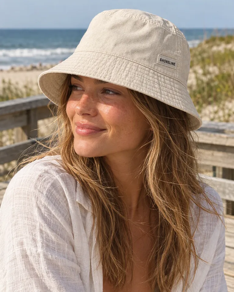 Instagram post: a woman wearing the Shoreline bucket hat on a sunny beach boardwalk