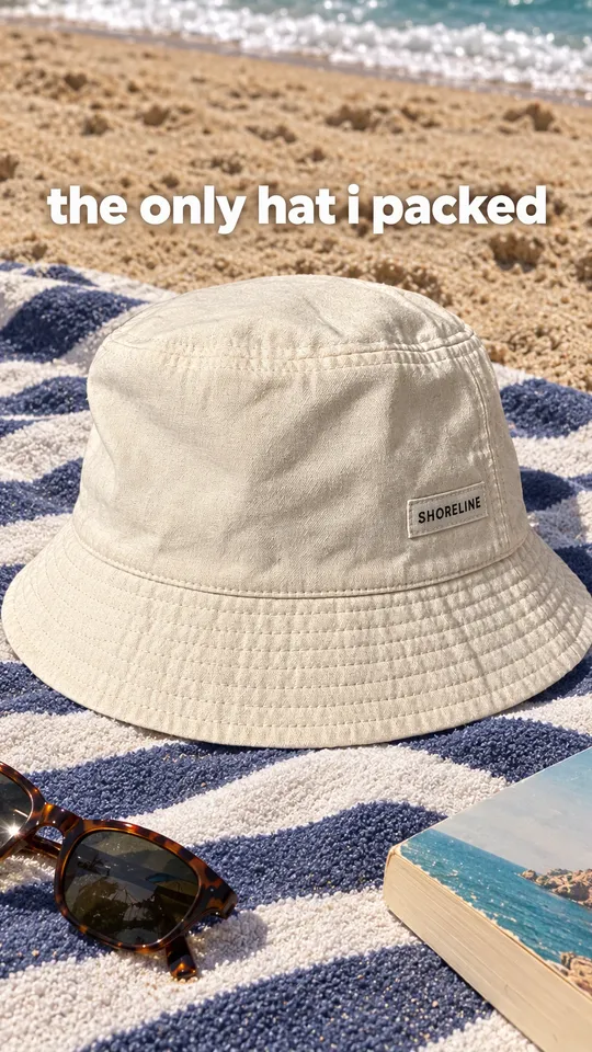 TikTok with the hook "the only hat i packed": the Shoreline bucket hat landing on a striped beach towel next to sunglasses and a paperback