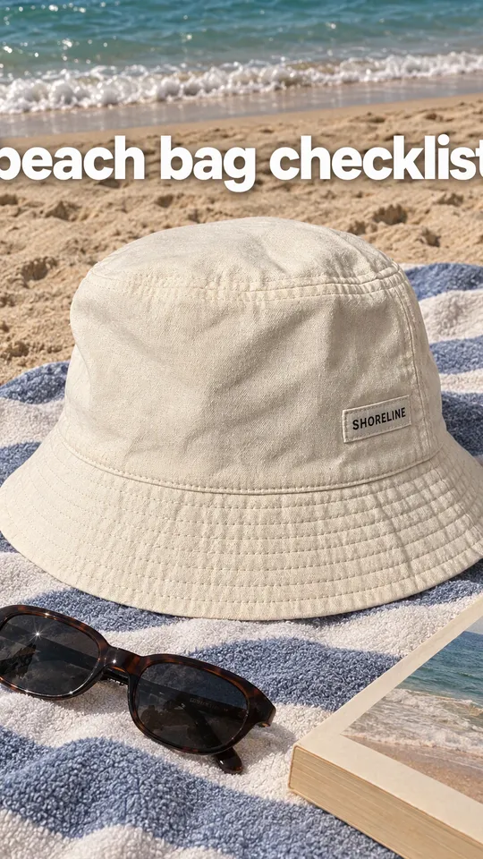 Instagram Story with "beach bag checklist" written across it: the Shoreline bucket hat on a beach towel with sunglasses and a book