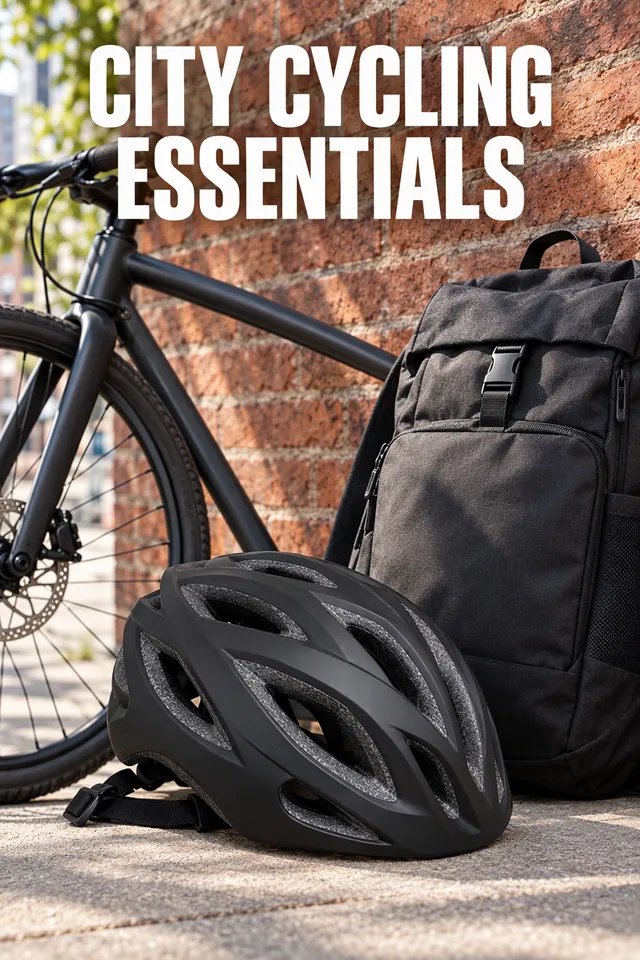 Pinterest pin titled "City cycling essentials": the black helmet with a bike and a city backpack against a brick wall