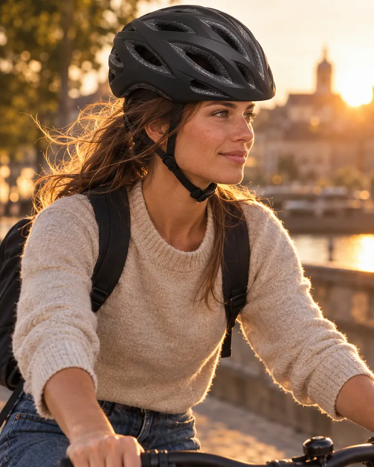 Instagram post: a woman wearing the black helmet riding a city bike at golden hour