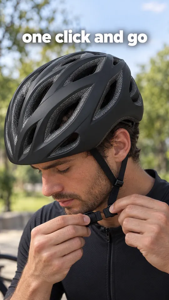 TikTok with the hook "one click and go": a cyclist clicking the magnetic buckle of the black helmet