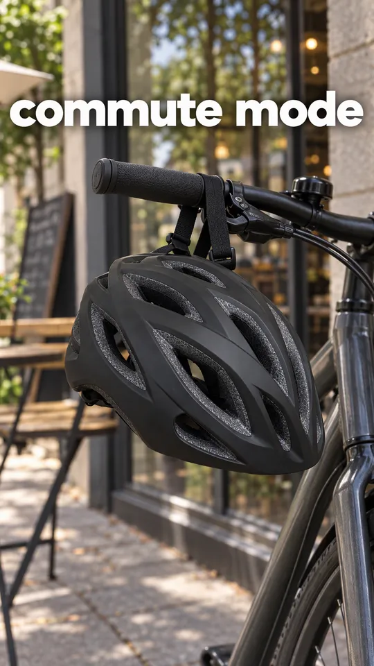 Instagram Story with "commute mode" written across it: the black helmet hanging on bike handlebars outside a café