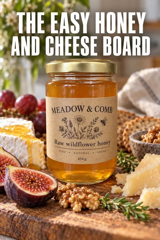 Pinterest pin titled "The easy honey and cheese board": the Meadow & Comb honey jar on a rustic board with cheese, figs and walnuts