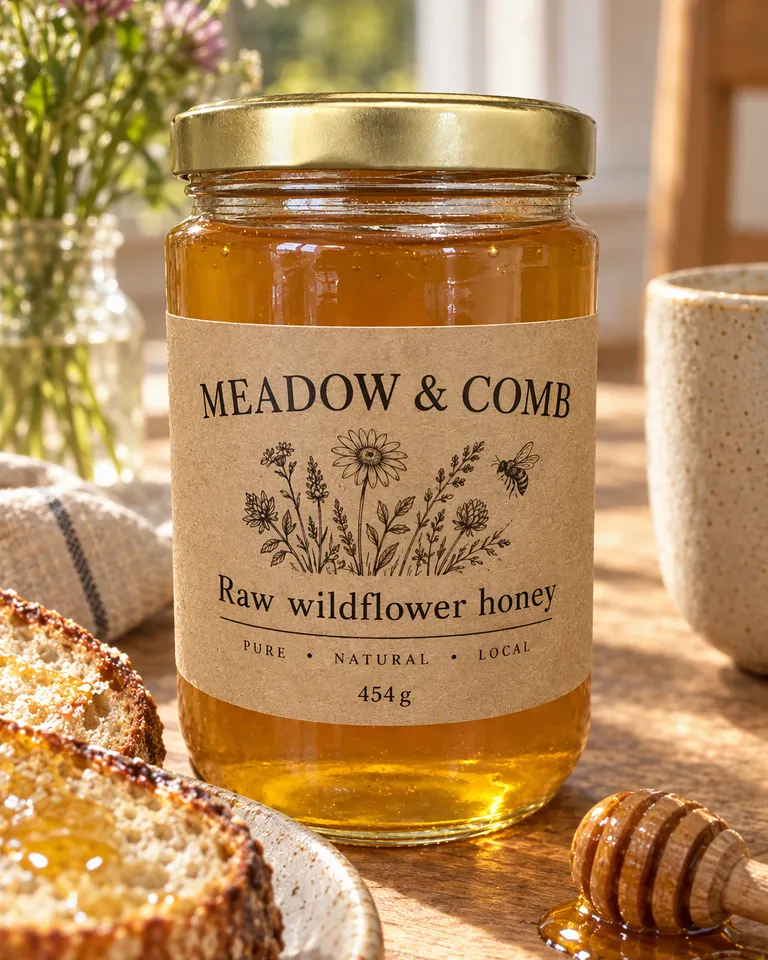 Instagram post: the Meadow & Comb honey jar on a sunny breakfast table with sourdough toast and a honey dipper