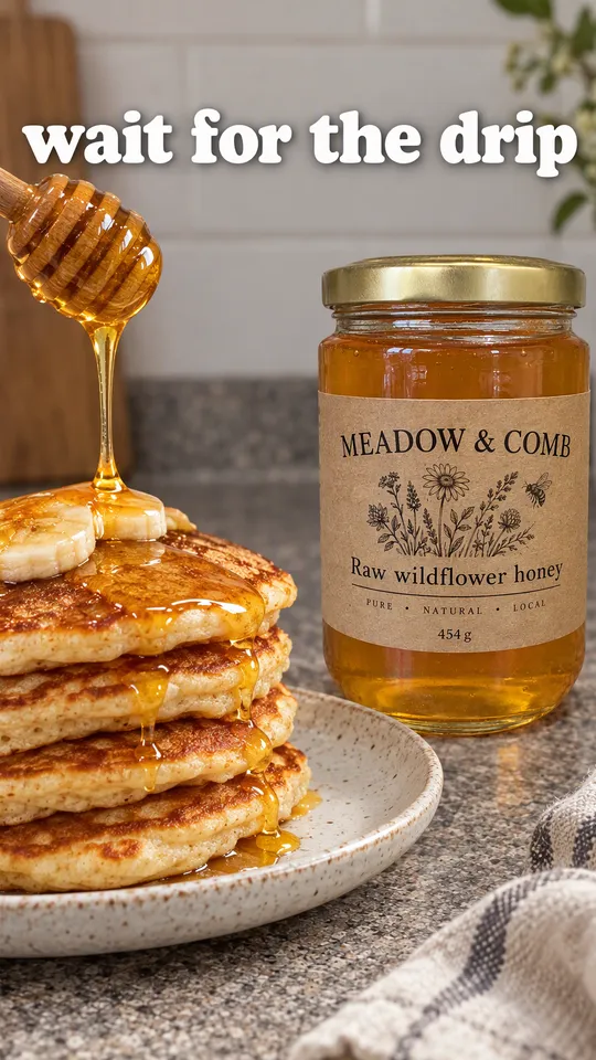 TikTok with the hook "wait for the drip": honey drizzling slowly onto pancakes with the Meadow & Comb jar beside them