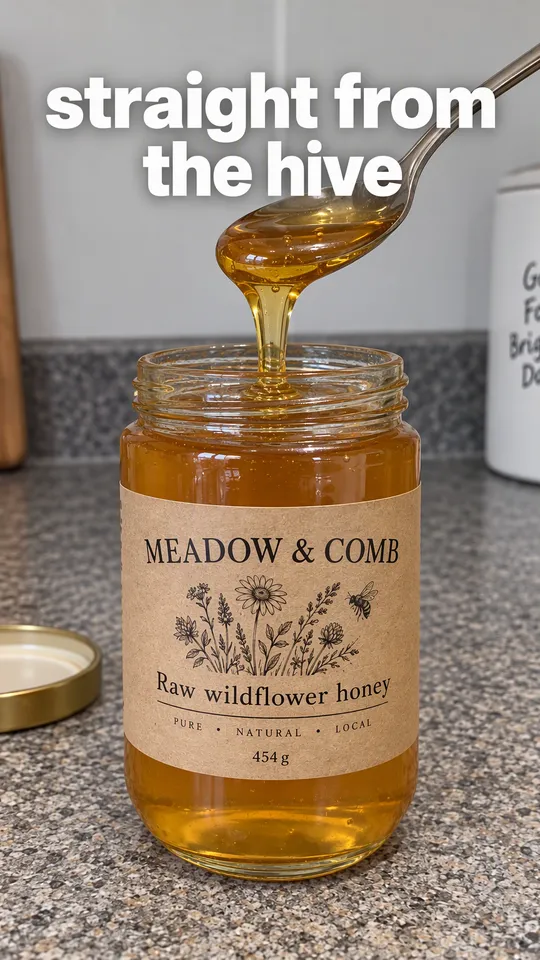 Instagram Story with "straight from the hive" written across it: a spoon lifting golden honey out of the Meadow & Comb jar