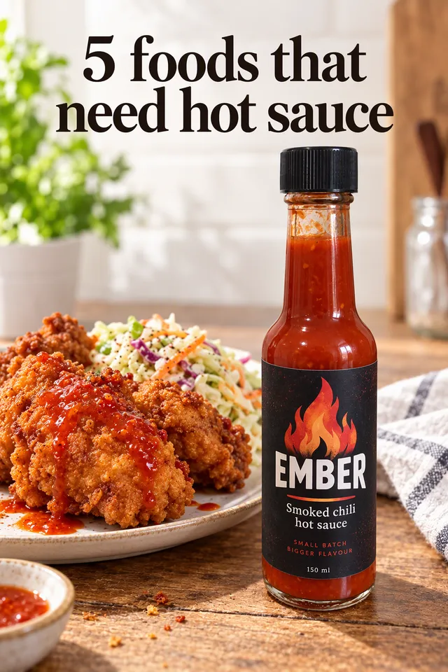 Pinterest pin titled "5 foods that need hot sauce": the Ember hot sauce bottle beside a plate of fried chicken and coleslaw