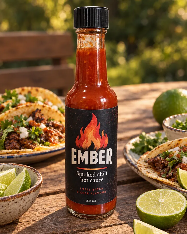 Instagram post: the Ember hot sauce bottle on a picnic table with tacos and limes
