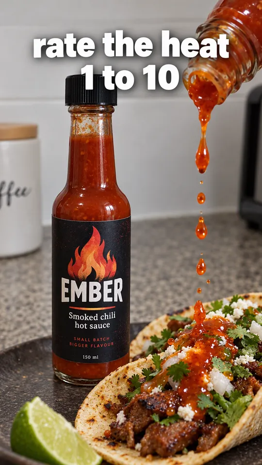 TikTok with the hook "rate the heat 1 to 10": drops of the Ember hot sauce landing on a taco in slow motion