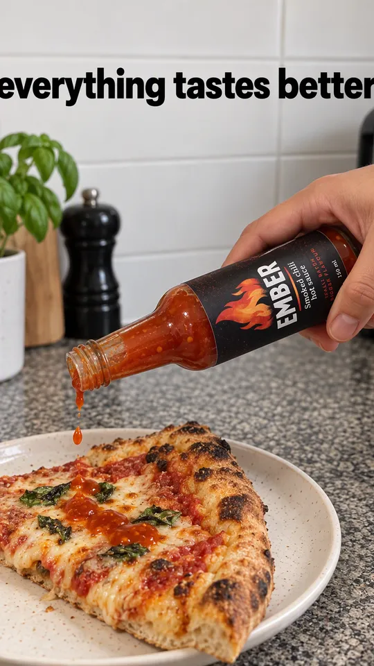 Instagram Story with "everything tastes better" written across it: a hand shaking the Ember hot sauce over a slice of pizza