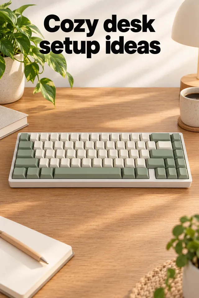 Pinterest pin titled "Cozy desk setup ideas": the cream and sage keyboard in a cozy minimalist desk setup