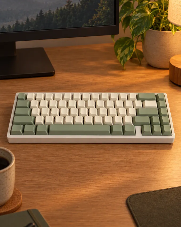Instagram post: the cream and sage keyboard on a tidy wooden desk with a monitor and a plant in warm lamp light