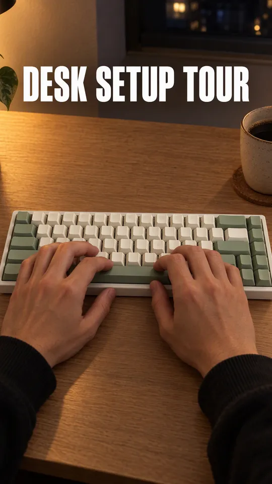 Instagram Story with "desk setup tour" written across it: hands typing on the cream and sage keyboard at night with a coffee