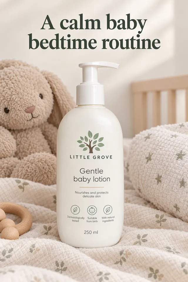 Pinterest pin titled "A calm baby bedtime routine": the Little Grove lotion bottle in a calm nursery flat lay with a towel and a plush toy