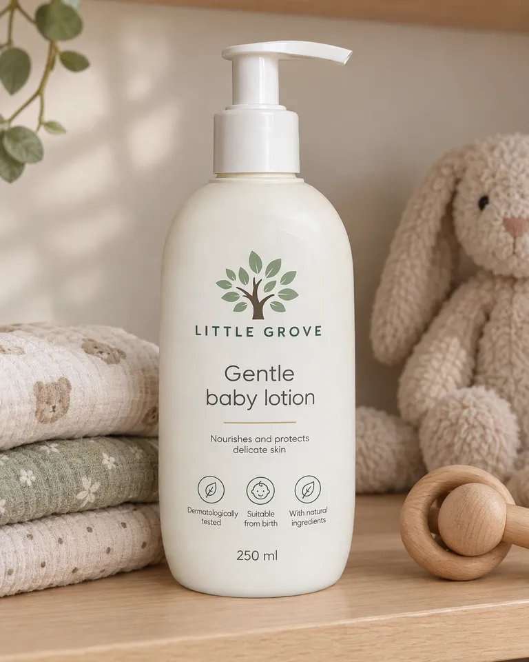 Instagram post: the Little Grove lotion bottle on a nursery shelf beside folded muslin cloths