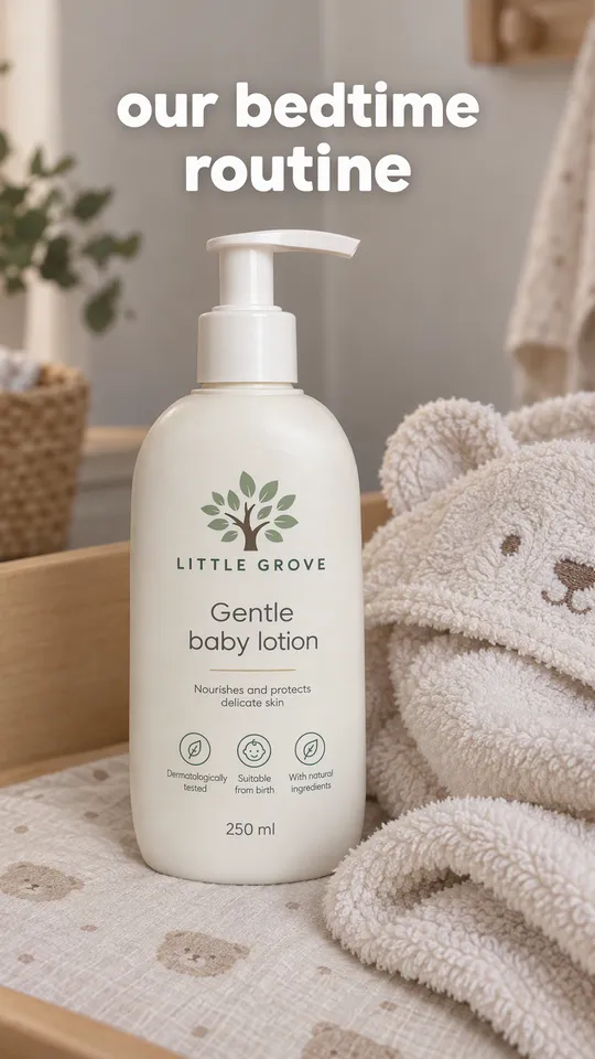 TikTok with the hook "our bedtime routine": the Little Grove lotion bottle beside a baby towel after bath time, soft light