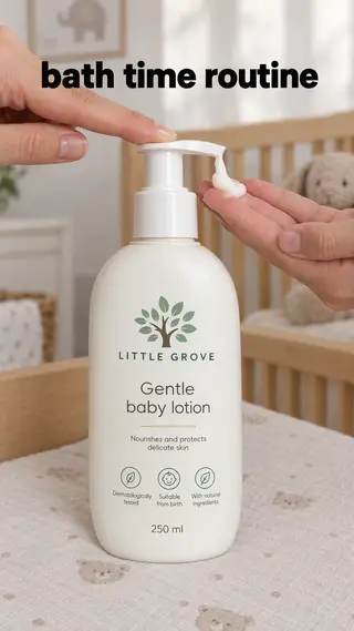 Instagram Story with "bath time routine" written across it: a parent's hand pressing the pump of the Little Grove lotion bottle in a nursery