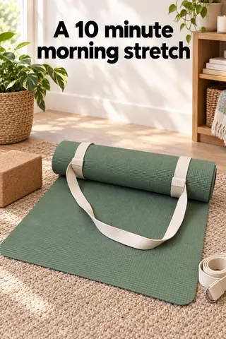 Pinterest pin titled "A 10 minute morning stretch": the sage green yoga mat in a calm home corner with a block and a strap