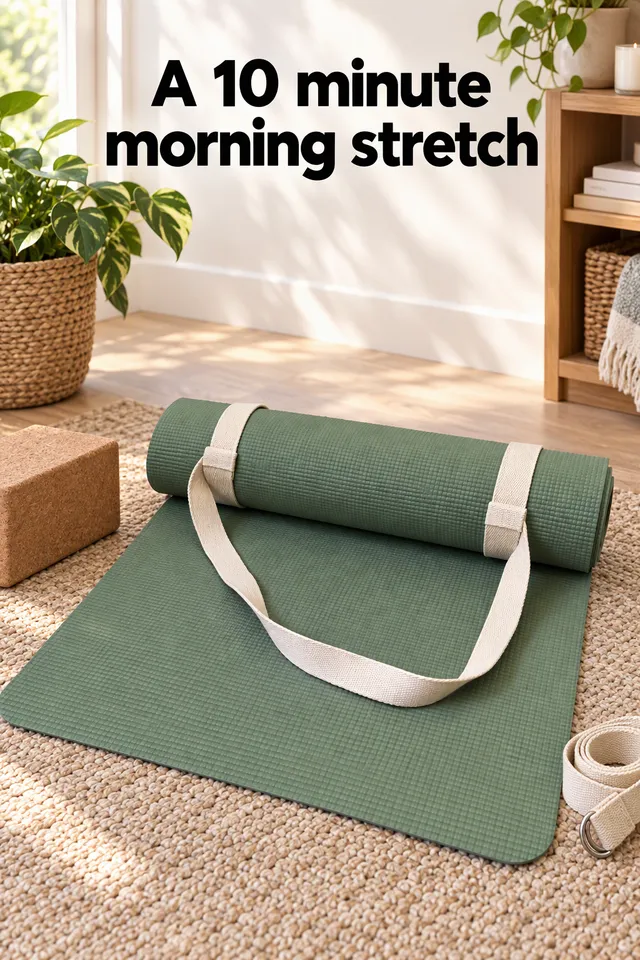 Pinterest pin titled "A 10 minute morning stretch": the sage green yoga mat in a calm home corner with a block and a strap