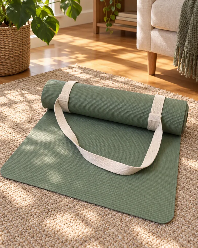 Instagram post: the sage green yoga mat rolled out in a sunny living room with a plant