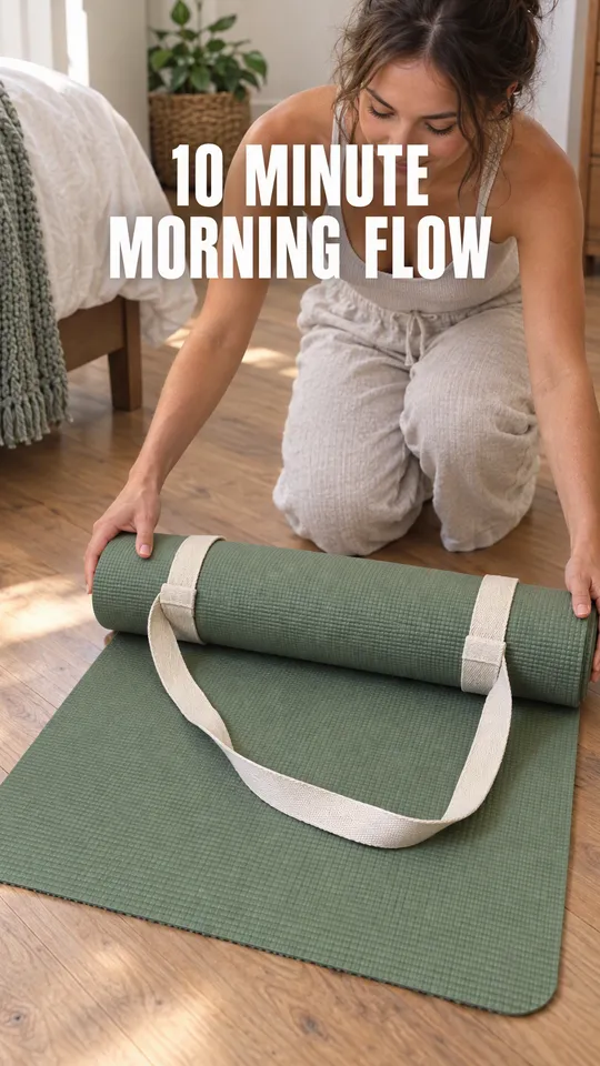 Instagram Story with "10 minute morning flow" written across it: a woman unrolling the sage green yoga mat on a wooden floor
