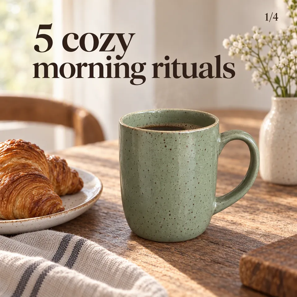 Instagram carousel cover, "5 cozy morning rituals": the sage green mug on a cozy table with a croissant