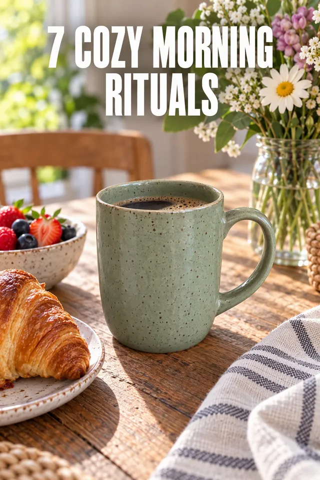 Pinterest pin titled "7 cozy morning rituals": the sage green mug on a cozy breakfast table with pastries and flowers