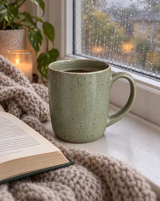 Instagram post: the sage green mug of coffee on a rainy windowsill with a knitted blanket and an open book