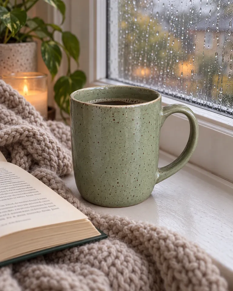Instagram post: the sage green mug of coffee on a rainy windowsill with a knitted blanket and an open book