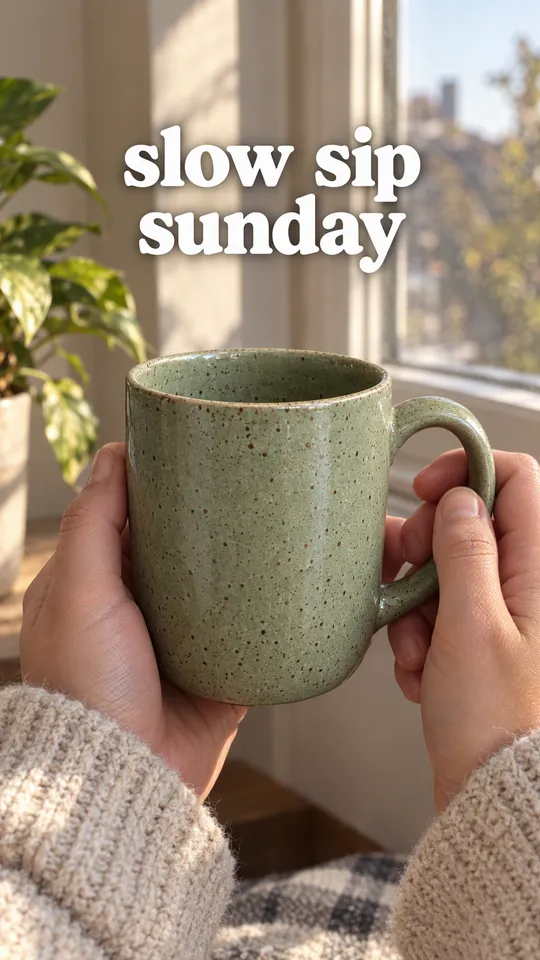 TikTok with the hook "slow sip sunday": the sage green mug held in two hands by a window with morning light