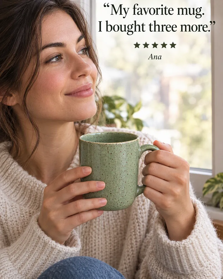 Review post quoting Ana, "My favorite mug. I bought three more.": a woman by a window holding the sage green mug