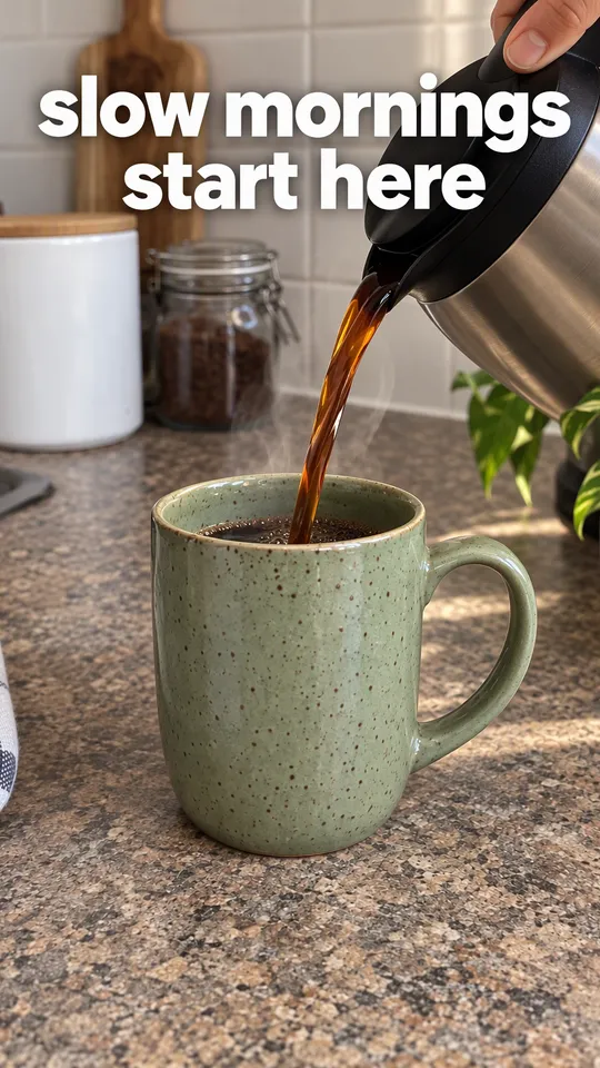 Instagram Story with "slow mornings start here" written across it: hands pouring fresh coffee into the sage green mug in a morning kitchen